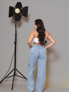 Women's Wide Leg Cargo Pants, 100% Cotton, With Functional Pockets – Premium Light Wash (Blogger Style) - 淺色水洗藍 - 查看 4