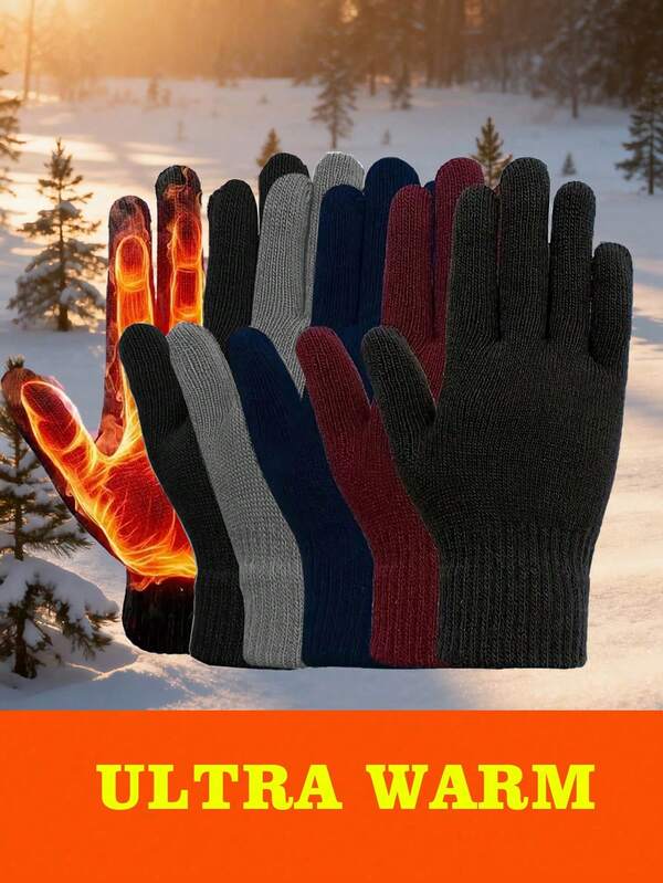 5 Pairs Winter Solid Color Knitted Gloves, WarmKnittedl Gloves, Adult Full Finger Breathable Cycling Gloves, Cold-Proof Gloves, Suitable For Daily Leisure, Entertainment, Office, Sports