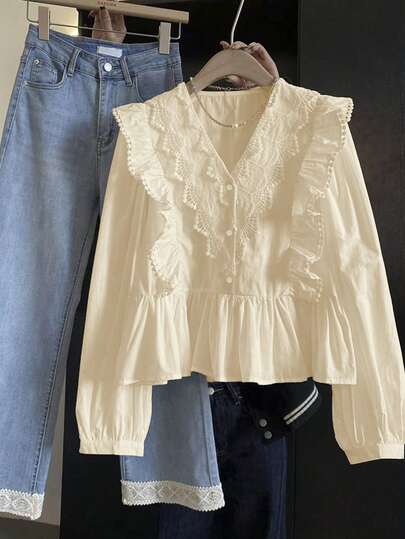 ii Casual Solid Color Lace Patchwork Ruffle Trim Long Sleeve Blouse