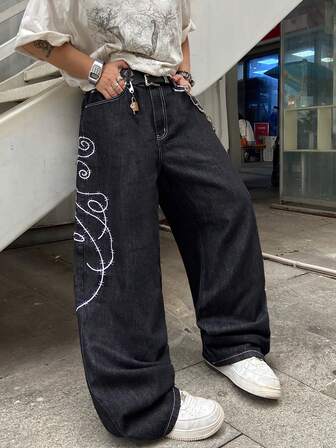 1pc Men's Retro Street Style Embroidered Wide Leg Jeans, Loose & Comfortable, Versatile High Street Wear, All Season