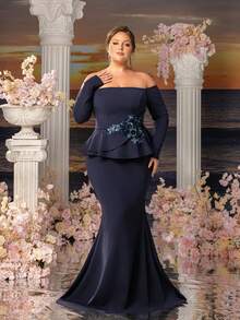 Faeriesty Große Größen Abendkleid für Damen, Off-Shoulder, mit floralen Applikationen, Rüschen an der Taille und Meerjungfrauensilhouette, geeignet für formelle Abendessen, Hochzeitsempfänge, Galaabende, Preisverleihungen und festliche Anlässe, Valentinstag - marineblau - Übersicht 1
