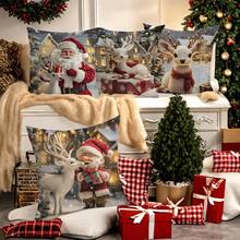 4 sztuki poszewek na poduszki z motywem świątecznej, śnieżnej scenerii z motywem Świętego Mikołaja i renifera, wykonane z miękkiego i wygodnego poliestru, 45 x 45 cm (17,72 x 17,72 cala), zapinane na zamek błyskawiczny, nadające się do prania w pralce, odpowiednie do wystroju domu, salonu, sypialni, werandy, ogrodu, na zewnątrz, jako dekoracja na zimowe święta (same poszewki na poduszki – wkładka nie jest dołączona)