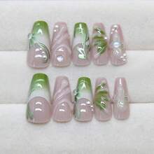 24Pcs Green Press On Nails Medium Square Fake Nails With Pearl Rhinestones Designs 3D Flower Water Drops Full Cover False Nails White Green Gradient French Tips Stick On Nails For Women FFgirls{Inchcolorinch:InchMulticolorinch} - 多色 - 查看 5