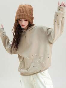 JUTU Splatter Paint Sweatshirt Sweatshirt, Khaki Gray, Retro American Design, Outdoor & Vacation, Spring/Autumn - 843 Khaki Gray - View 6