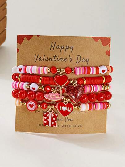Set de 5 pulseras con cuentas en forma de corazón rojo de alta calidad y personalizadas, adecuadas para mujeres como regalo para el Día de San Valentín, Acción de Gracias, Navidad y uso diario