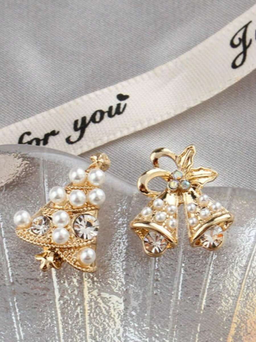 1 Pasang Anting Mutiara Asimetris dengan Hiasan Pohon Natal & Lonceng, Seri Natal - Banyak warna 11 - View 1