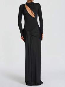 Rochie de seară cu imprimeu floral, cu guler rotund, mulată, tip plasă, pentru femei, toamna și iarna, rochii de domnișoare de onoare - Negru - Vizualizare 1