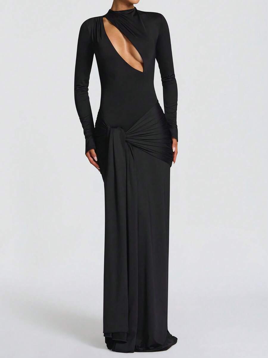 Rochie de seară cu imprimeu floral, cu guler rotund, mulată, tip plasă, pentru femei, toamna și iarna, rochii de domnișoare de onoare - Negru - Vizualizare 1