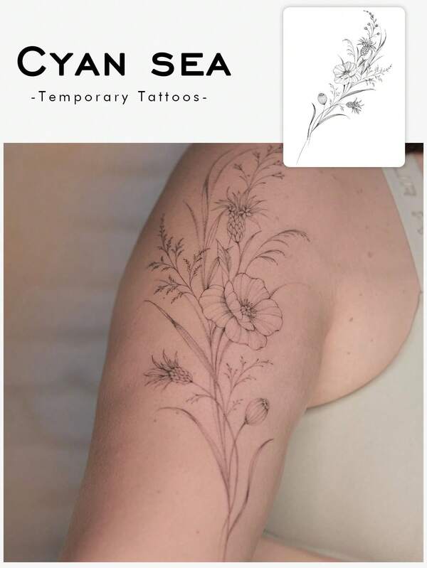 1-3 hojas de pegatinas de tatuaje temporal de PVC lavables, impermeables, antitranspirantes y no reflectantes, con diseños de ramos de flores silvestres sencillos y patrones frescos, adecuados para uso diario por personas de moda
