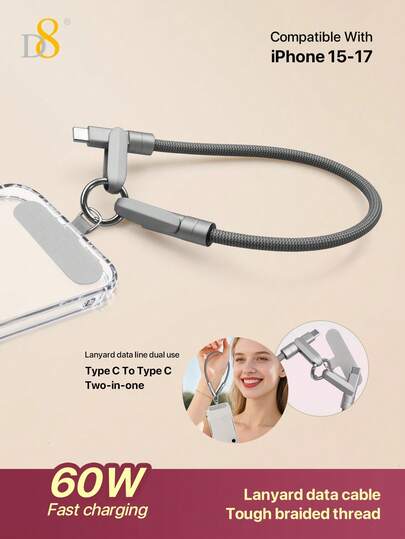 Cable de cordón para teléfono estético D8, cordón kawaii lindo para mujer USB C, cable tipo C a C de carga rápida de 60W, correa para el cuello del teléfono móvil trenzada de nailon, cadena de teléfono móvil de moda Y2K