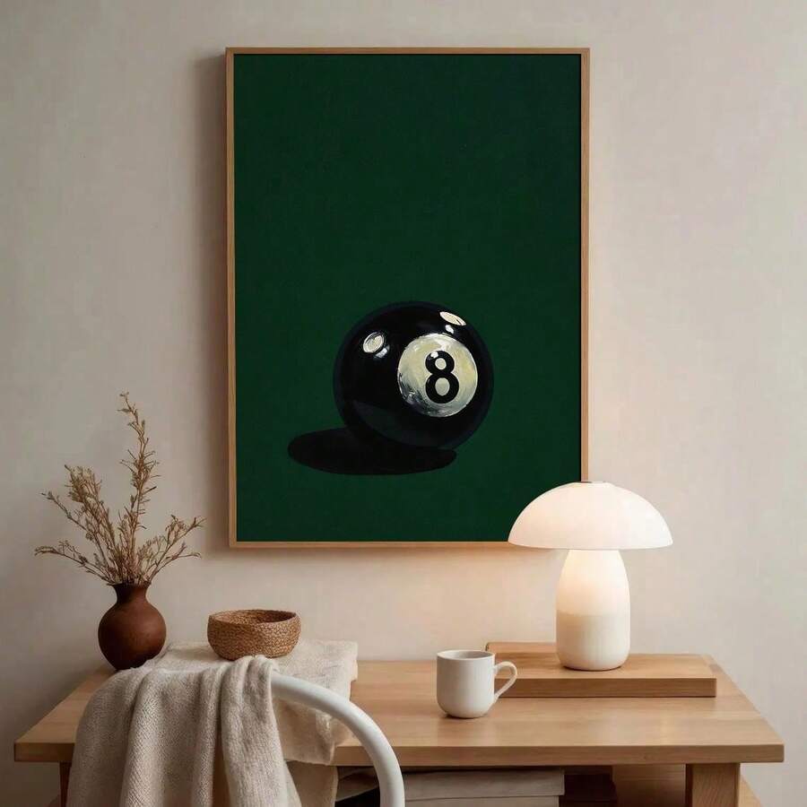 1 Pieza Pintura de cartel de lona vintage con bola de billar verde con estampado de suerte 8, arte de pared minimalista de juego de billar para decoración del hogar en sala de estar o dormitorio, sin marco - Verde Oscuro - Ver 1