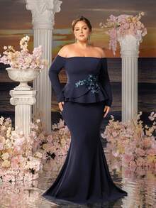 Faeriesty Große Größen Abendkleid für Damen, Off-Shoulder, mit floralen Applikationen, Rüschen an der Taille und Meerjungfrauensilhouette, geeignet für formelle Abendessen, Hochzeitsempfänge, Galaabende, Preisverleihungen und festliche Anlässe, Valentinstag - marineblau - Übersicht 4
