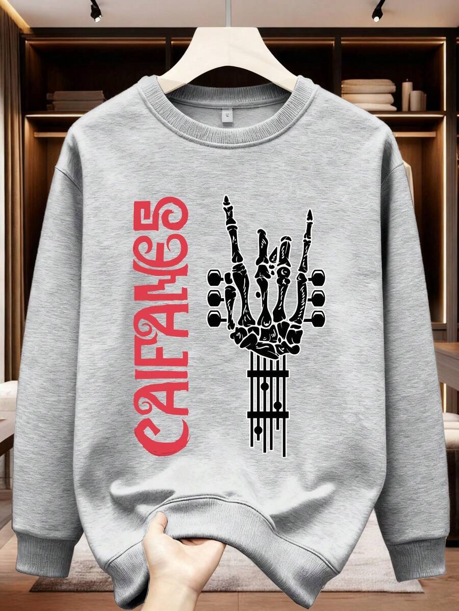 Men Winter Sweatshirt Graphic Crewneck Hoodie Skeleton Hand California Y2K Style Fleece Crewneck Hoodie Gift for Him - Gris Claro - Ver 1