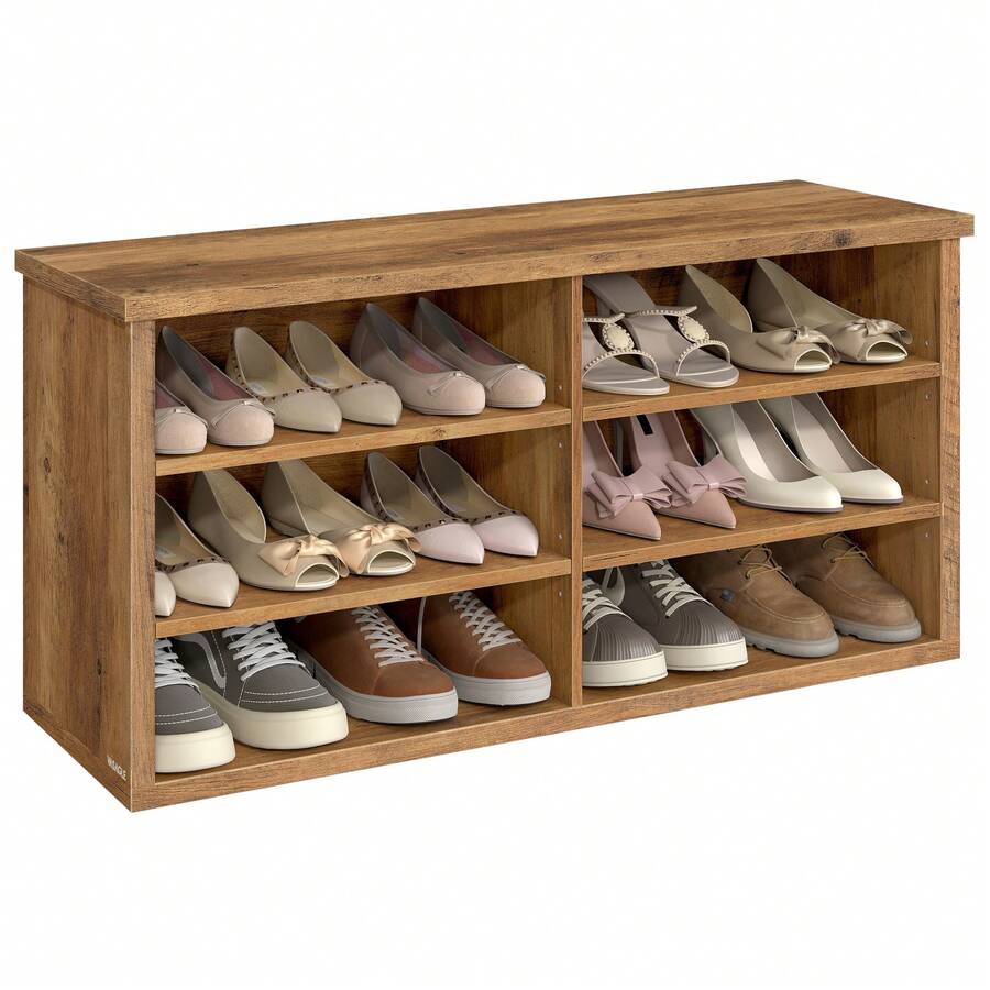 VASAGLE Banco Zapatero, 6 Compartimientos, Estantes Ajustables, para Entrada, Sala de Estar, 29.5 x 100 x 50 cm, Marrón - Amarillo - Ver 1