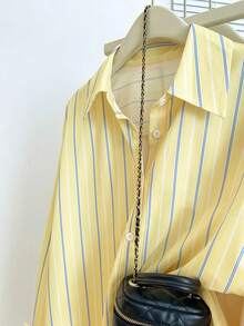 Casual Women's Yellow And Blue Striped Long Sleeve Drop Shoulder Collared Polyester Shirt Blouse With Button Details Regular Length - 黃色 - 查看 3