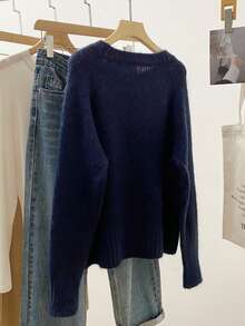 蝴蝶结钩针编织秋季毛衣，女式罗纹圆领套头针织上衣，可爱又青春 - 藏蓝色 - 查看 4