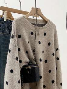 女士休闲波点针织衫，长袖罗纹针织宽松上衣，略带弹性，适合冬季穿着，波点衬衫