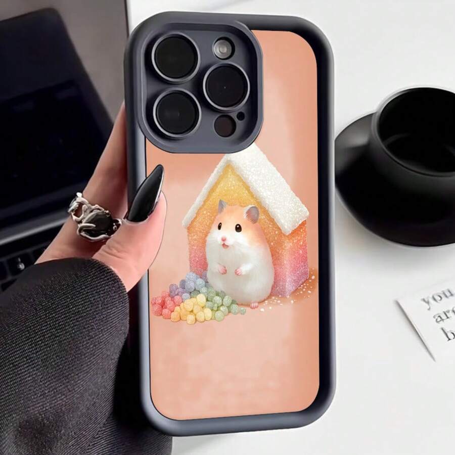 Cubierta de teléfono con borde negro diseño de hámster en casa de colores rosa y naranja para iPhone 14 Pro Max protección anticaída ideal para uso diario - Negro - Ver 1