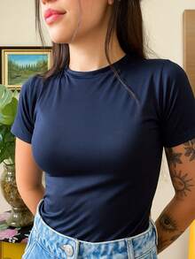 Slim Fit Short Sleeve Baby Tee Compression Blouse - Navy Blue - View 1