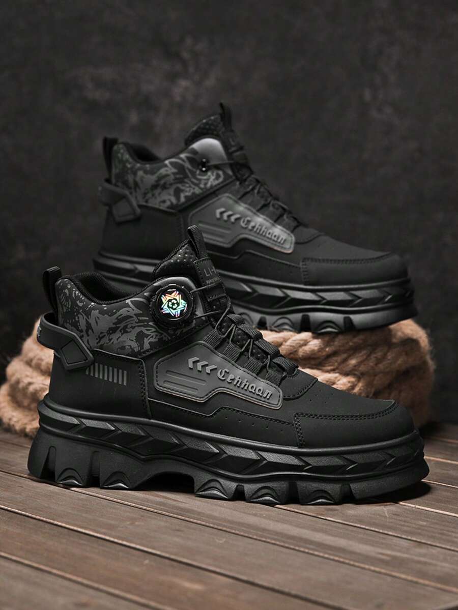 2024 Autumn/Winter New Men's Slip-Resistant Durable Elevated Ankle Boots, British Style Versatile Thick Sole Outdoor Hiking High-Top Boots - Black - View 1