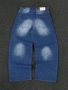 男士时尚复古水洗宽松直筒阔腿牛仔裤 - 藍色 - 查看 2