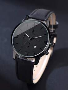 4 PCS Men's Watch Set, Quartz Watch With Round Dial And Stainless Steel And Imitation Leather Strap, Black And Brown Optional, Suitable As A Gift For Friends And Family - Black - View 4