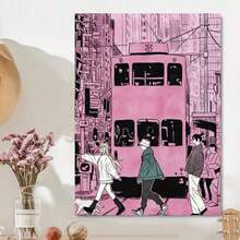 Framed-Chic Pink Cartoon Cross Street Canvas Art Print - Decorate The Walls Of Living Rooms, Bedrooms And Home Offices - 框架 - 查看 2