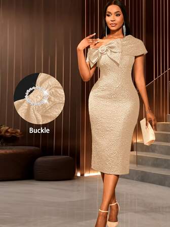 Women's Jacquard Floral Asymmetric Bow Brooch, Fitted Elegant Cocktail Dress, Suitable For Dates, Parties, Weddings, Bridesmaids, Graduations, New Year's Eve, Valentine's Day And Other Occasions