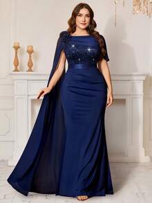 Đầm maxi dáng đuôi cá xếp ly 3D bằng chiffon đính sequin và ren hoa, tay áo dài, thích hợp cho khách dự đám cưới, dạ hội, sinh nhật, lễ hội, tốt nghiệp và các dịp lễ tết. - Màu xanh hải quân - Xem 6