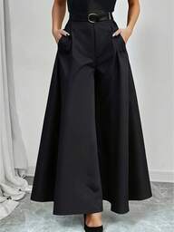 Solid Color Pocket Marked Women's Wide Leg Pants, Suitable For Daily, Back To School, Party, Airport, Spring/Autumn