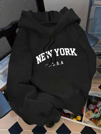Plus Size Women's Daily The Font Patterns Of "NEW YORK" And "U.S.A Hooded Long Sleeves Casual Spring/Summer/Fall Women's Plus-Size Long-Sleeved Hoodie Sweatshirt Halloween Going Out Tops Women,Vacation Outfits Women