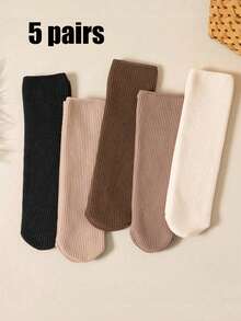 5 Pairs Of Solid Plush Lined Crew Socks, Simple Warm Unisex Snow Tube Socks, Suitable For Autumn And Winter, Women's Stockings And Socks, Fall