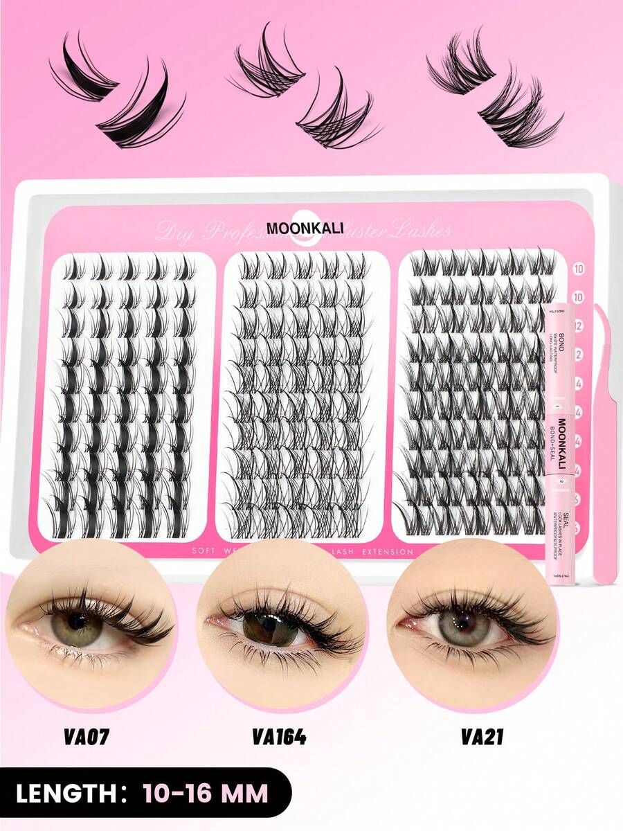 MOONKALI Anime Lashes Wispy Lash Clusters Kit 30 Rows Invisible Band Eyelash Clusters 10-16mm Lash Extension Kit Natural Lashes Clusters Eyelash Extension Kit With Thin Band Lash Cluster Clear Lash Glue Bond&Seal And Tweezers - màu đen - Xem 1