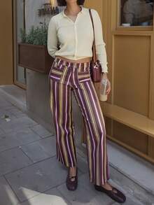 Pantalon élégant et stylé à rayures contrastées avec poches et fermeture éclair, idéal pour les vacances, les voyages, l'aéroport, l'école et les vacances.