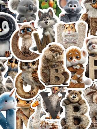 50 pegatinas de animales con letras del alfabeto de dibujos animados para cuadernos, equipaje, guitarra, portátil y decoración