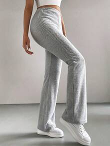 Novedades en moda femenina: pantalones casuales elásticos de cintura alta, sencillos, de color liso, con ribetes y corte ajustado, ligeramente acampanados, nuevo estilo para primavera/otoño, pantalones acampanados, pantalones casuales de color liso para mujer, de punto acanalado, pantalones ajustados versátiles y a la moda. - Gris - Ver 4