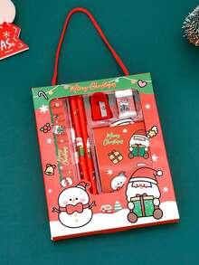 5pcs Kids Christmas Stationery Set, Cartoon Santa Claus Pattern Handheld Stationery Combo, Practical Children's Writing Set, Learning Supplies Gift, Suitable As Holiday Stationery Small Gift
