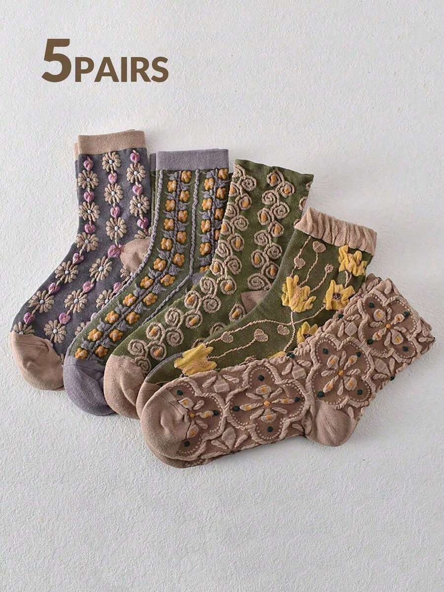 5 双女式中筒袜，北欧条纹纹理图案袜子，复古可爱甜美袜子，趣味袜子 - 彩色 - 查看 1