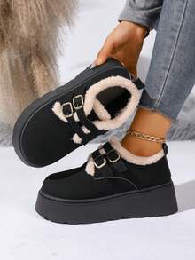 6cm Platform Women's Sheepskin Snow Boots, New Winter Buckle Fluffy Thick Warm Ankle Boots, Fashion Simple Warm Winter Shoes, Black Mary Jane Loafers - Black - View 8