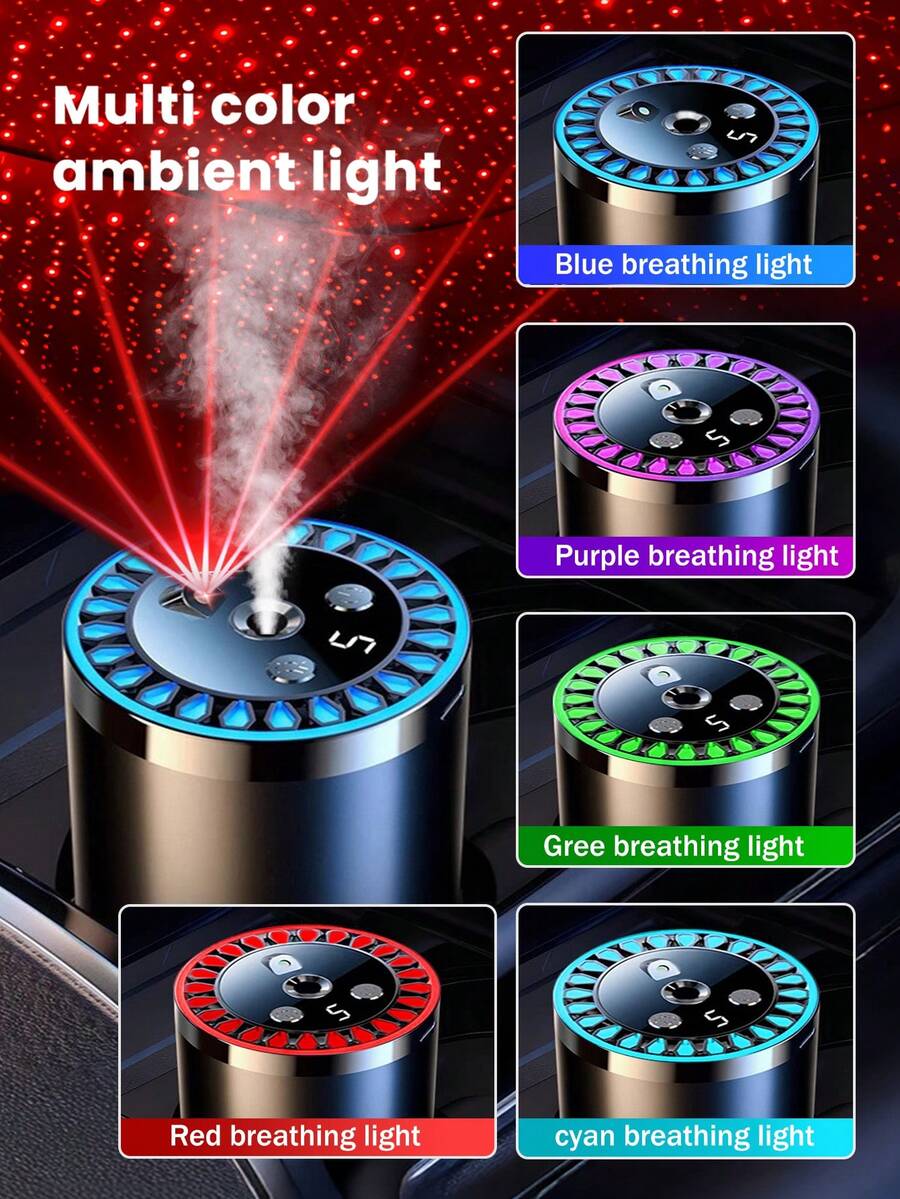 معطر هواء ذكي للسيارة مع إضاءة إسقاط السماء المرصعة بالنجوم، 5 أوضاع عمل، إضاءة LED ملونة للأجواء، تشغيل/إيقاف تلقائي، موزع عطري للسيارة، مرطب هواء صغير للسيارة، موزع زيوت أساسية، تركيز قابل للتعديل، بطارية مدمجة، شحن USB، مناسب للسيارة والمكتب والحمام وغرفة النوم وغرفة الحيوانات الأليفة، 6 روائح زيوت أساسية متاحة، مجموعات متعددة للاختيار من بينها (1/2/3 زجاجات زيت + 1 موزع)