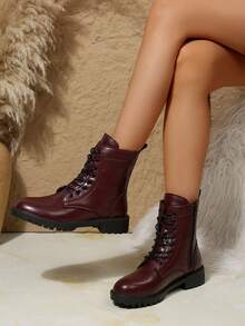 European & American Style Wine Red Boots, Women's New Autumn/Winter Plus Size Round Toe Lace-Up Motorcycle Boots, Unisex Cool & Versatile Short Boots, Fashion & Combat Boots - Burgundy - View 5