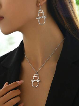 1 Set Christmas Cute & Elegant Hollow Snowman Earrings And Snowman Necklace Jewelry Set
