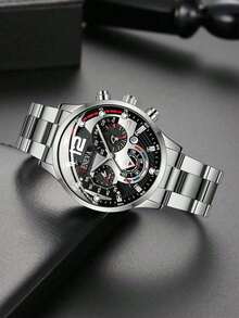 4 PCS Men's Watch Set, Quartz Watch With Round Dial And Stainless Steel And Imitation Leather Strap, Black And Brown Optional, Suitable As A Gift For Friends And Family - Black - View 3