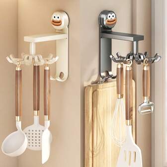 Kitchen Wall-Mounted Spatula And Spoon Holder No-Drill Rotating Hooks & Rods Kitchen Utensil Storage Solution