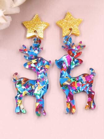 Christmas Acrylic Dangle Earrings For Women Colorful Reindeer Cartoon Animal Fashion Jewelry Gift Perfect For Daily Party Work Holiday Wear
