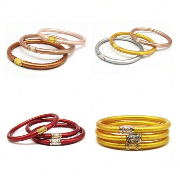 3 Peças/Conjunto Pulseiras de Bracelete de Gelatina com Strass Coloridos para Mulheres, Pulseiras de Silicone Claras Preenchidas com Glitter e Pérola, Joias da Moda para Meninas