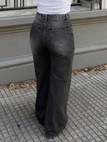 女式男友风直筒牛仔裤 - 深灰色 - 查看 2