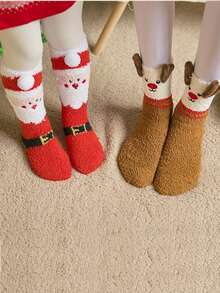 1Pair Women Fuzzy Socks, Cartoon Santa Claus, Elk And Snowman Patterns Mid-Calf Socks Thick Warm Comfortable Christmas Party Gifts Women Socks - Multicolor - View 5