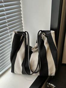 Chic Retro Striped Canvas Tote Bag, Literary Large Capacity Spacious & Versatile, Ideal For Work, School Or Day Out, School Bag, Canvas Bag, Beach Bag