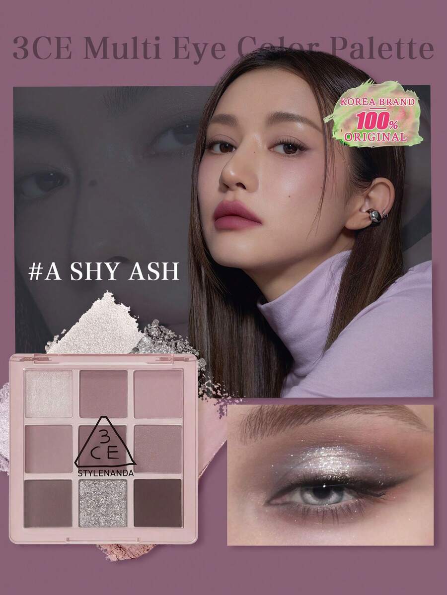 3CE 8.5g/0.29oz Multi-Color Eyeshadow Palette A SHY ASH, Matte & Shimmer Dual-Tone, Low Fallout, Buildable, Warm Contouring Shades, Oil-Control, Smudge-Proof, Multi-Purpose Eyeshadow/Highlighter/Brow Powder, Magnetic Compact, Korean Cosmetics